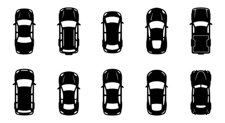 Black car top view silhouette icons, set of 10 vehicle vector symbols, overhead automobile silhouettes for traffic maps and parking layout design © Rahul