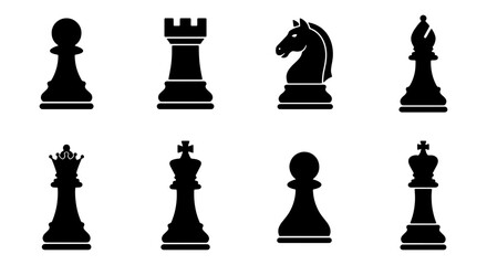 Black chess pieces vector icons set, classic chess piece silhouettes including king queen rook and knight, 8 strategic game elements © Rahul