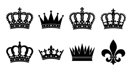 Vintage royal crown silhouettes set, 8 black heraldic icons and fleur de lis symbols, elegant monarch headwear vector collection for luxury branding © Rahul