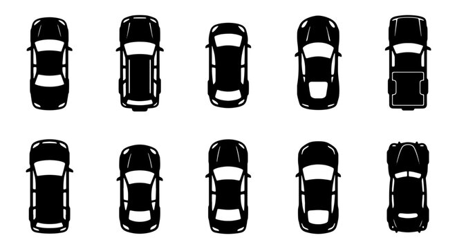 Black car top view silhouette icons, set of 10 vehicle vector symbols, overhead automobile silhouettes for traffic maps and parking layout design