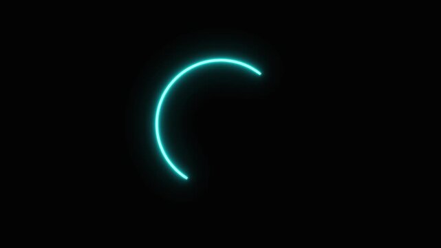 Glowing cyan neon arc animation forming an incomplete circle on a black background, loading indicator, progress bar, digital interface, or futuristic display