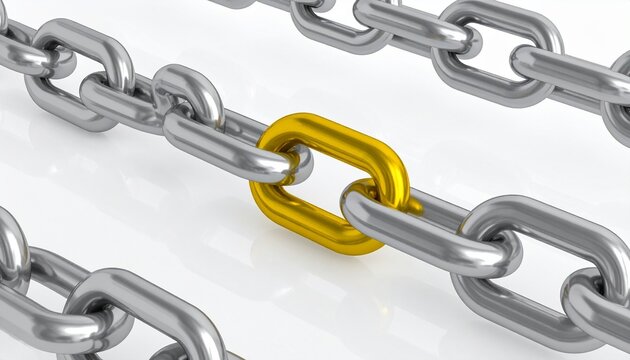 Conceptual Studio Shot of a Single Gold Chain Link Connecting Multiple Silver Metal Chains on a Plain White Background