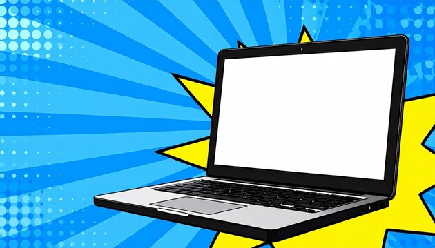 Pop Art Style Illustration of a Modern Laptop with a Blank White Screen Floating Against a Vibrant Blue Sunburst and Yellow Comic Book Explosion Backdrop