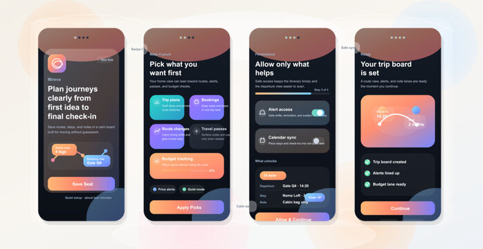 Mobile travel app onboarding screens and setup flow
