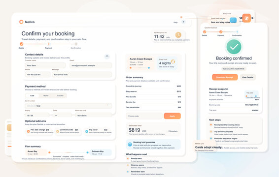 Modern travel booking confirmation interface with payment form, order summary, trip timeline, receipt panel, and mobile confirmation screen in clean soft dashboard style