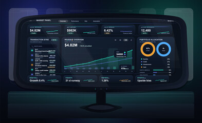 Fototapeta premium Futuristic financial market analytics dashboard on widescreen monitor with revenue charts, portfolio allocation, transaction stream, and performance metrics in dark blue UI style