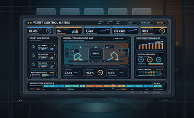 Fototapeta premium Futuristic industrial plant control dashboard interface showing robot arm status, digital twin machine map, conveyor throughput, safety metrics, quality matrix, and production schedule