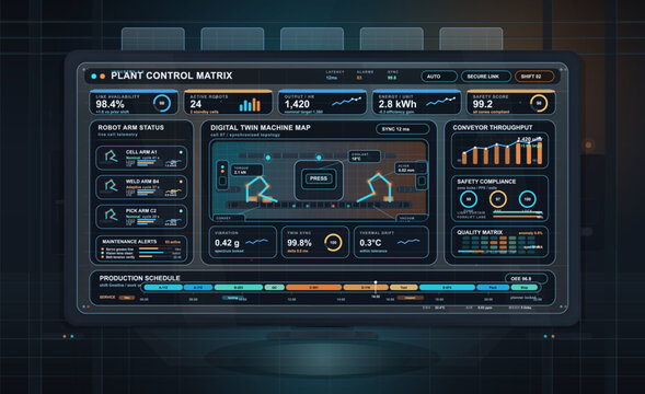 Futuristic industrial plant control dashboard interface showing robot arm status, digital twin machine map, conveyor throughput, safety metrics, quality matrix, and production schedule