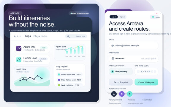 Trip itinerary dashboard and login interface template in split-screen travel planning workspace