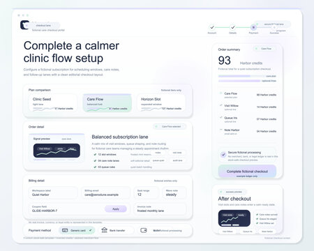Healthcare checkout dashboard interface template with clinic subscription setup, pricing cards and order summary