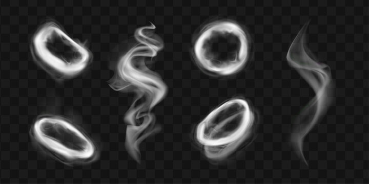 Realistic smoke rings and swirling vapor, transparent white mist, ethereal fog elements, vector set