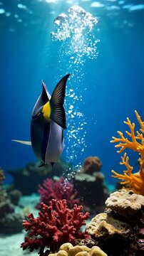 Vibrant Blue Tang Fish Swims Gracefully Through Coral Reef Ecosystem.