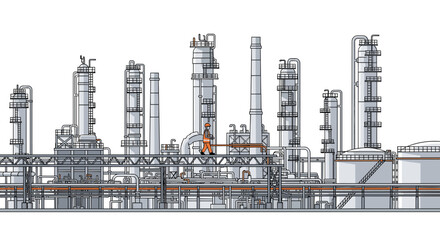 Obraz premium A tiny worker wearing an orange safety vest walks across a high metal catwalk bridge amidst a vast network of grey industrial refinery towers and pipes.