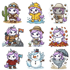 Fototapeta premium Set of 9 Cute Unicorn Characters - Kawaii Unicorn Explorer, Raincoat, Beekeeper, Hiker, Gardener, Autumn Leaves, Lumberjack, Snowman, and Tornado - Vector Illustration