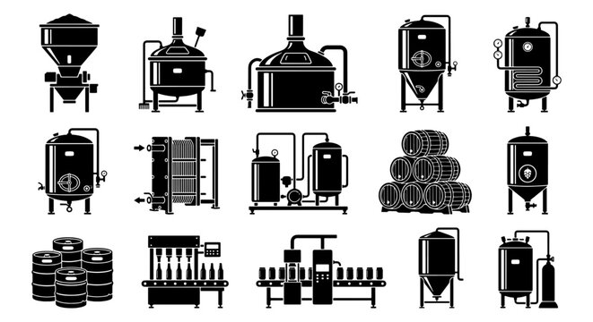 Brewery equipment icons set, professional beer production line machinery vectors, industrial brewery tanks and fermentation vessels, 15 black icons