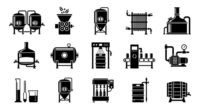 Brewery equipment icons set, 15 black beer production vector elements, industrial brewing machinery and fermentation tanks for craft brewery branding