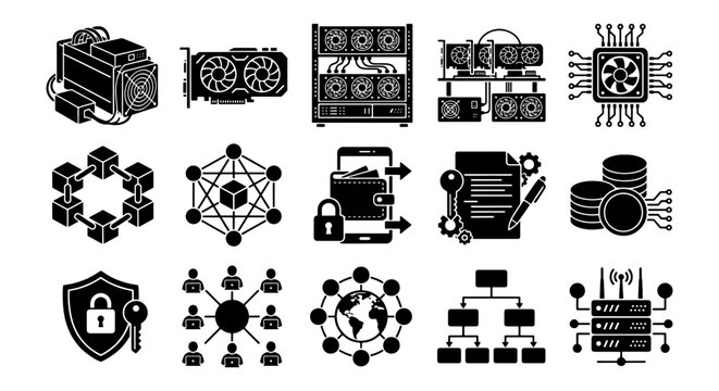 Cryptocurrency mining and blockchain technology icons, 15 black vector elements, digital finance and crypto hardware symbols for web design