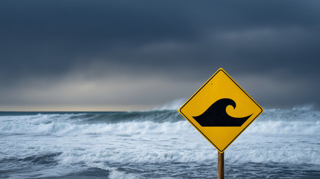 Tsunami warning sign on stormy coast, ocean hazard alert, natural disaster preparedness, coastal safety concept a yellow tsunami warning sign in the foreground on a stormy coastlin
