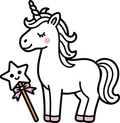 Fototapeta premium Cute cartoon unicorn with a magic star wand