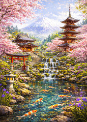 Obraz premium a serene japanese garden with a pond and a pagoda in the background with a mountain range asian arch