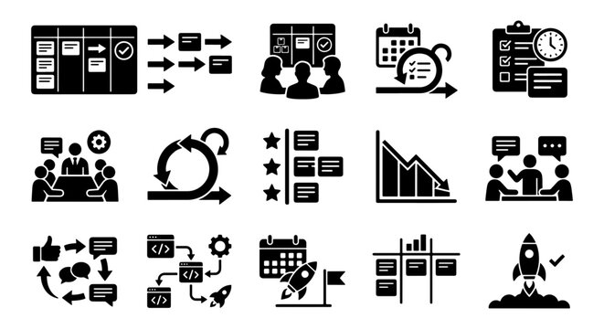 Agile project management icon set, scrum methodology and kanban board symbols, 15 black vector icons for software development and business workflow