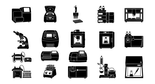 Laboratory equipment icons set, 20 black vector silhouettes of scientific research instruments, biotechnology and medical lab hardware collection