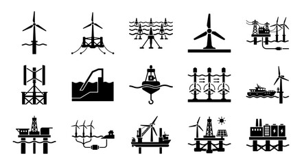 Offshore renewable energy icons, 15 wind turbine and tidal power vector symbols, marine engineering and green electricity generation set © Ariful