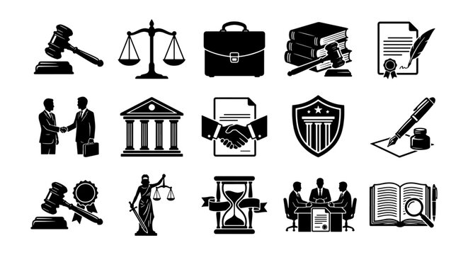 Law and justice icon set, 15 black legal vector elements, professional courtroom symbols and attorney office graphics for litigation and advocacy