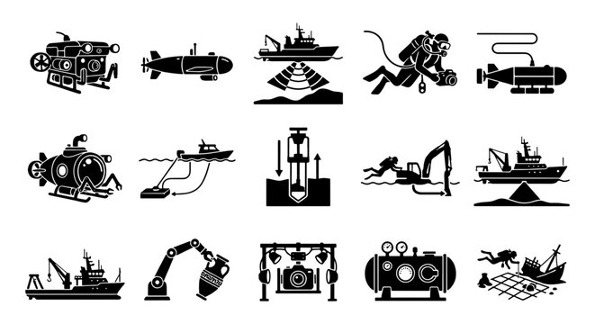 Underwater exploration icons set, deep sea research equipment and submarine vectors, marine archaeology and diving technology silhouettes