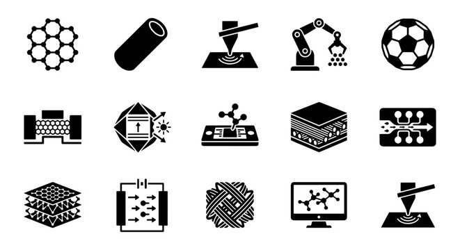 Nanotechnology and advanced materials icon set, 15 black vector icons for science and engineering, industrial manufacturing and molecular research symbols