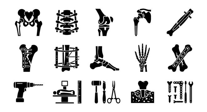 Orthopedic surgery icons set, 15 medical bone implants and surgical tools vectors, black silhouette trauma surgery equipment for hospital education