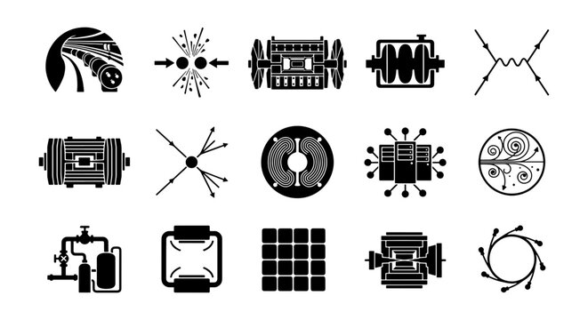 Quantum physics and particle accelerator icons, 15 black vector symbols of nuclear research, scientific laboratory equipment and atomic energy elements