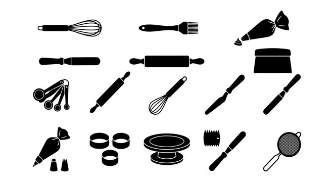 Professional baking tools icon set, black kitchen utensils for pastry making, 15 bakery equipment vector elements for culinary design