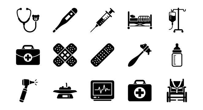 Medical icon set with 15 black solid vector elements, healthcare equipment symbols for hospital infographics, clinical first aid and medicine icons