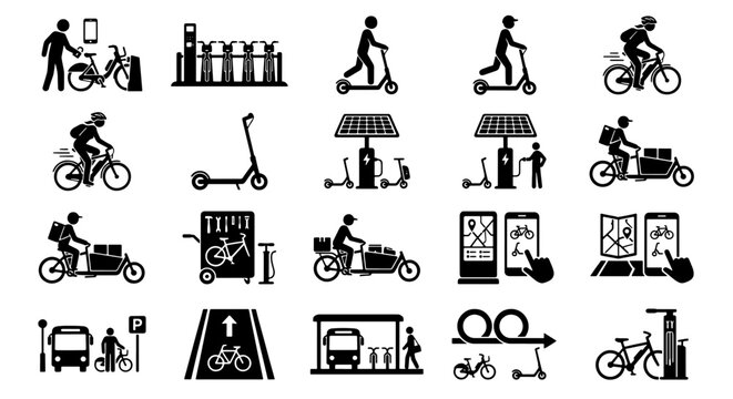 Micro mobility icon set, electric scooter and bicycle sharing system symbols, urban transportation and green city delivery vector collection