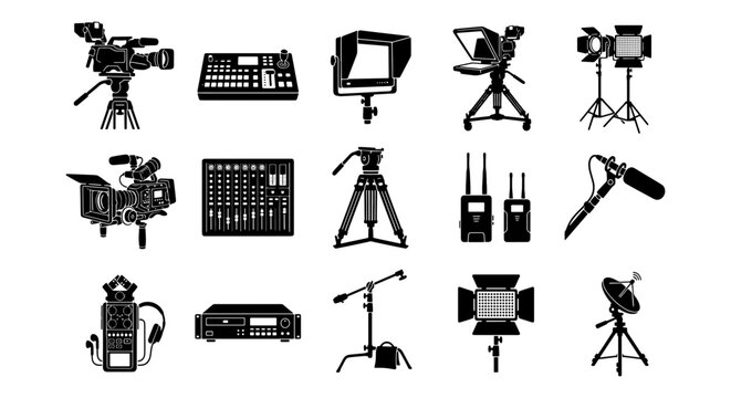 Professional video production equipment silhouettes, 15 broadcasting icons set, cinema camera and studio lighting gear, media industry vector elements