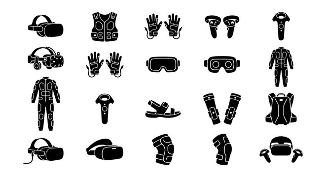 Virtual reality equipment icons set, black silhouette VR gear collection, haptic suit and headset vector elements, gaming hardware accessories