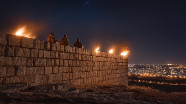 Guards stand watch on Jerusalem&rsquo;s rebuilt wall by torchlight, as the starry sky above reflects vigilance, protection, and the quiet resolve of a restored city.
