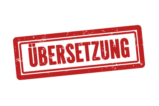 Uebersetzung (translation) - A red stamp, isolated on white background.