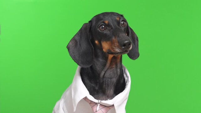 A dachshund dog in white shirt and tie gazes upward on chromakey, the most dedicated tiny employee in the room, corporate pet humor at its most sincere.