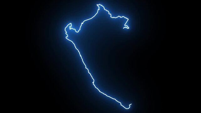 Glowing neon outline map of peru animated line on black background