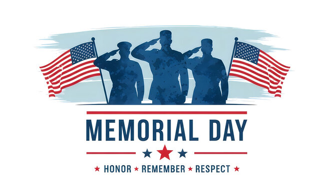 Memorial Day tribute with silhouetted soldiers saluting and American flags in patriotic background