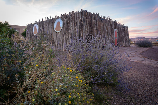 Navajo Shadehouse Museum replica Fork Stick Hogan in Kayenta, Arizona. A hogan is the primary, traditional dwelling of the Navajo people. Conical Hogan or male hogan was used for ceremony and shelter.