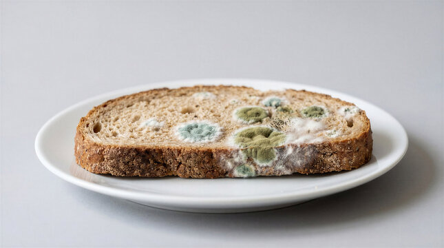Moldy bread with green spots on a white plate, emphasizing decay and neglect
