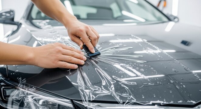 Professional car detailer applying protective film on luxury vehicle hood
