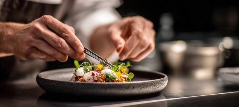 Modern plating is performed by the East Asian hands of an adult male chef using tweezers on a dish in a professional kitchen.