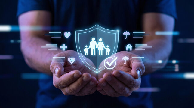 Hands holding holographic family protection shield with health and home insurance icons, life coverage concept, security and welfare digital technology illustration.