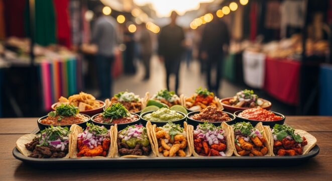 Assorted fresh tacos with vibrant toppings at outdoor food market