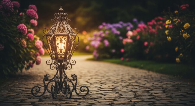 Vintage ornate lantern illuminating cobblestone path in vibrant floral garden