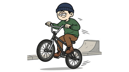Naklejka premium Cool Young Man Doing a Wheelie Stunt on a BMX Bike at a Skatepark Cartoon Illustration